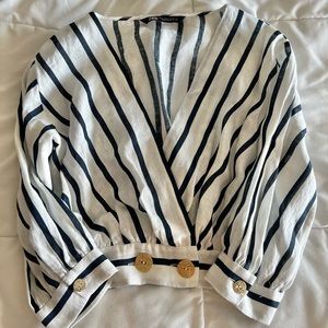 Blue and white linen top with gold buttons